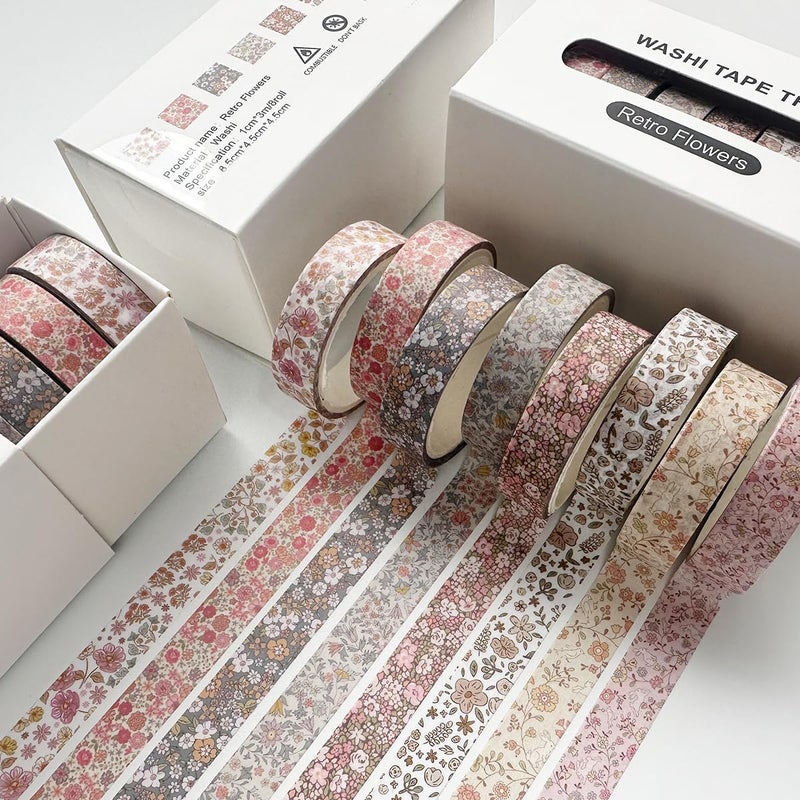 YUBX Vintage Washi Tape Set 8 Rolls Thin Retro Decorative Antique Patterns Masking Tapes for Arts, DIY Crafts, Journals, Planners, Scrapbook, Wrapping (Little Flowers) - Image 2
